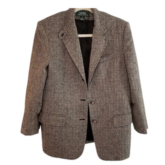 Lauren Ralph Lauren Herringbone Tweed 100% Wool Equestrian Blazer Jacket Size 12 - Picture 1 of 16